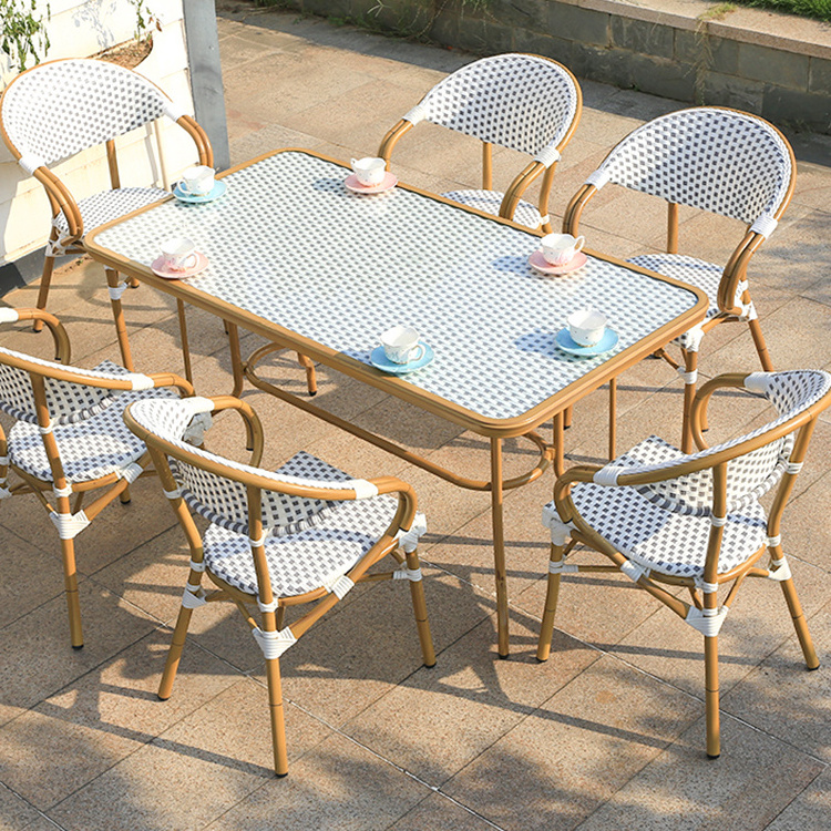 2020 hot sale 7pc Restaurant dining metal frame rattan woven white garden french bistro table and chairs