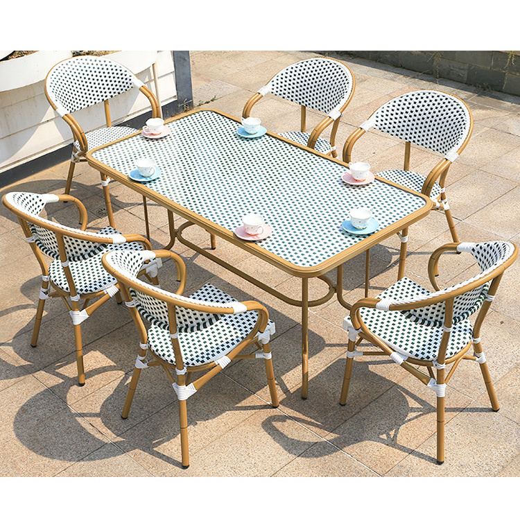 2020 hot sale 7pc Restaurant dining metal frame rattan woven white garden french bistro table and chairs