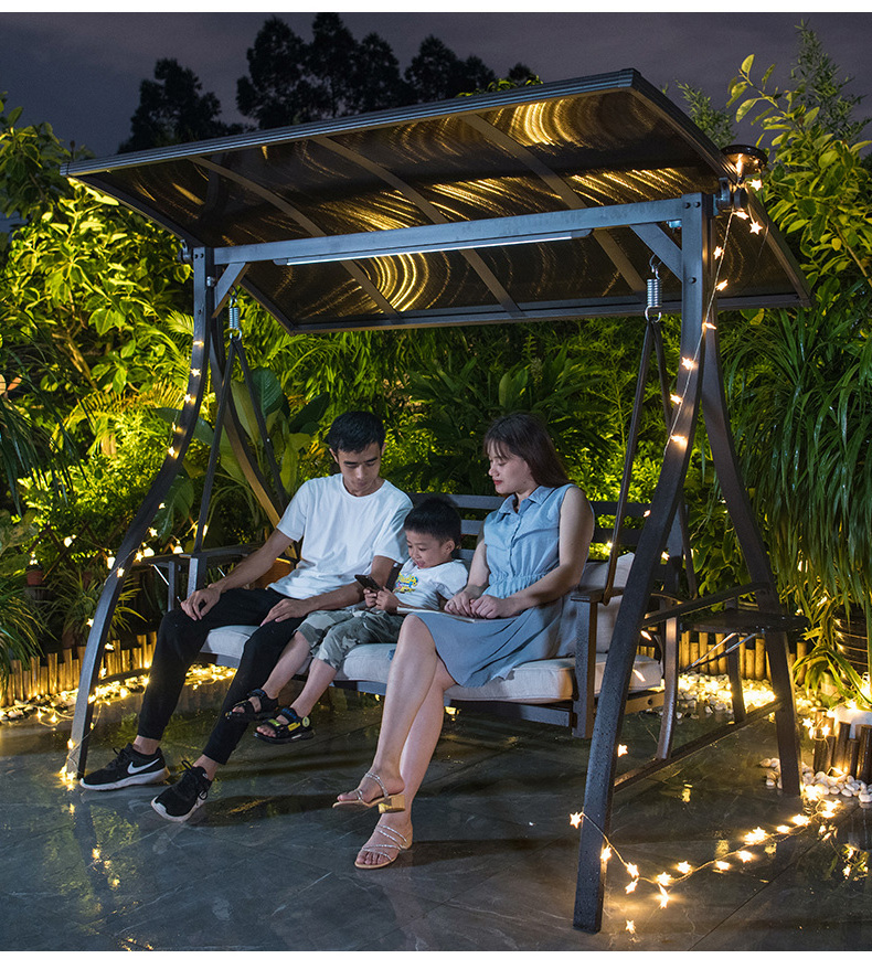 3seat patio swing hommck Cheap Outdoor Swing Set  Adult With Solar LED Light Metal Frame Swings Chair Gargen Leisure Furniture