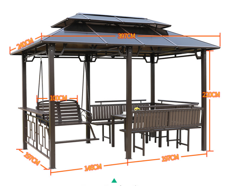 Outdoor 2021 double  top iron Hardtop Wooden Gazebo with swing durable pvc luxury garden gazebos