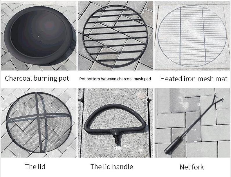 Garden die cast iron bbq table dia 100cm height 58cm with center fire pits and four chairs