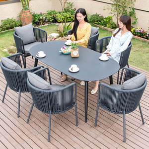 Modern 7pcs steel table with dining chairs outdoor pe rattan / wicker furniture for garden patio backyard