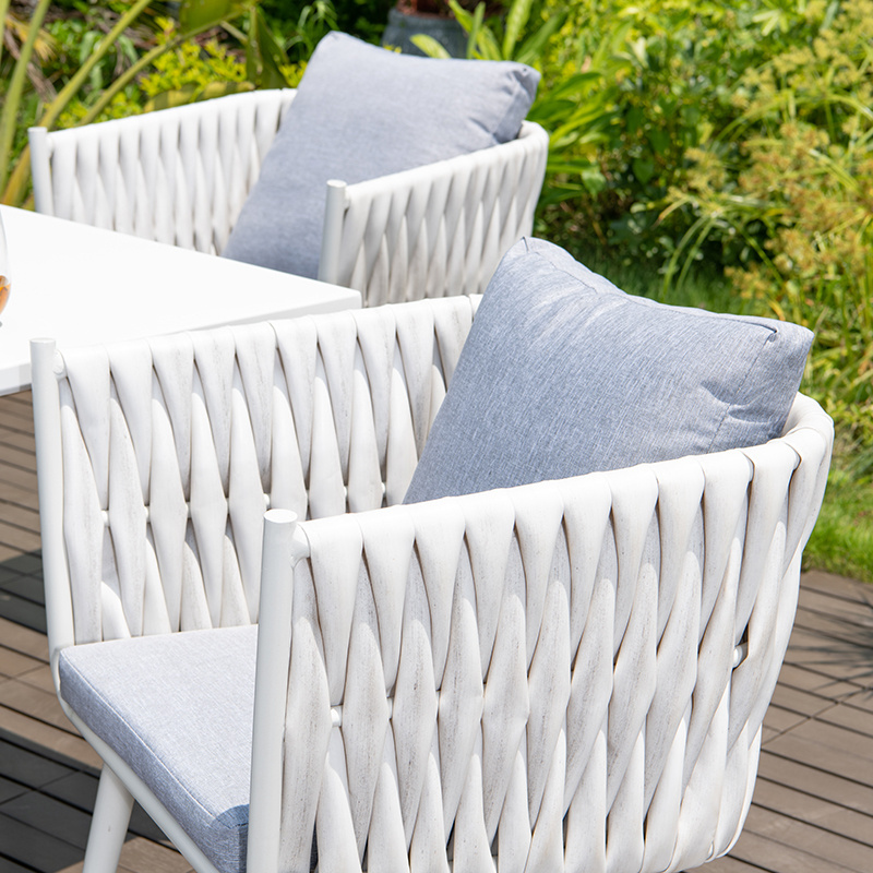 Outdoor rope weave patio furniture for garden 63 inch marble table and chairs white plastic rattan 7pc