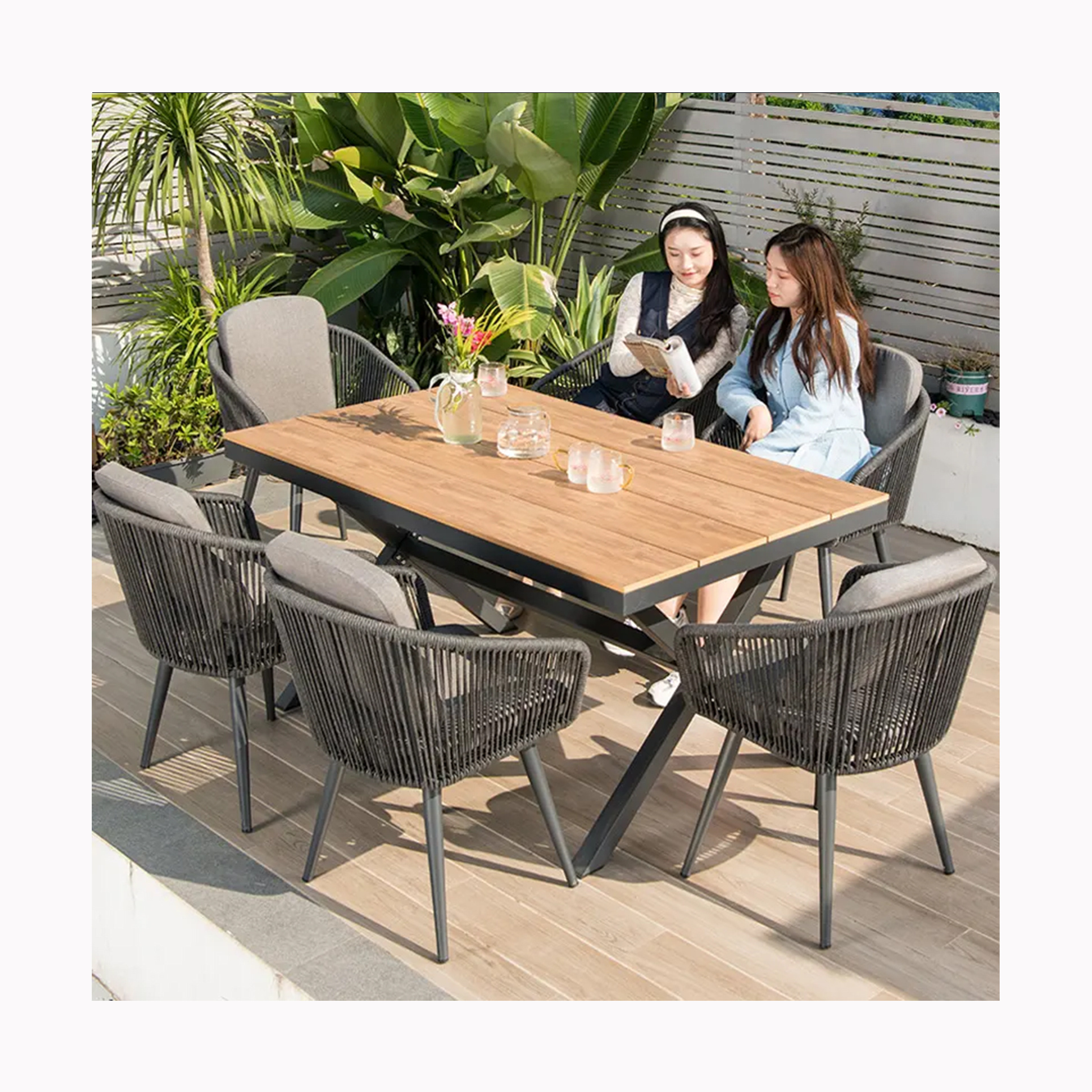 ultra modern trendy outdoor furniture set patio garden rope chair rattan wood modern hotel outdoor home furnitures dinner table