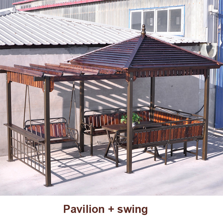 Foshan outdoor aluminum frame anti corrosive carbonized wood canopy top patio gazebo with swing