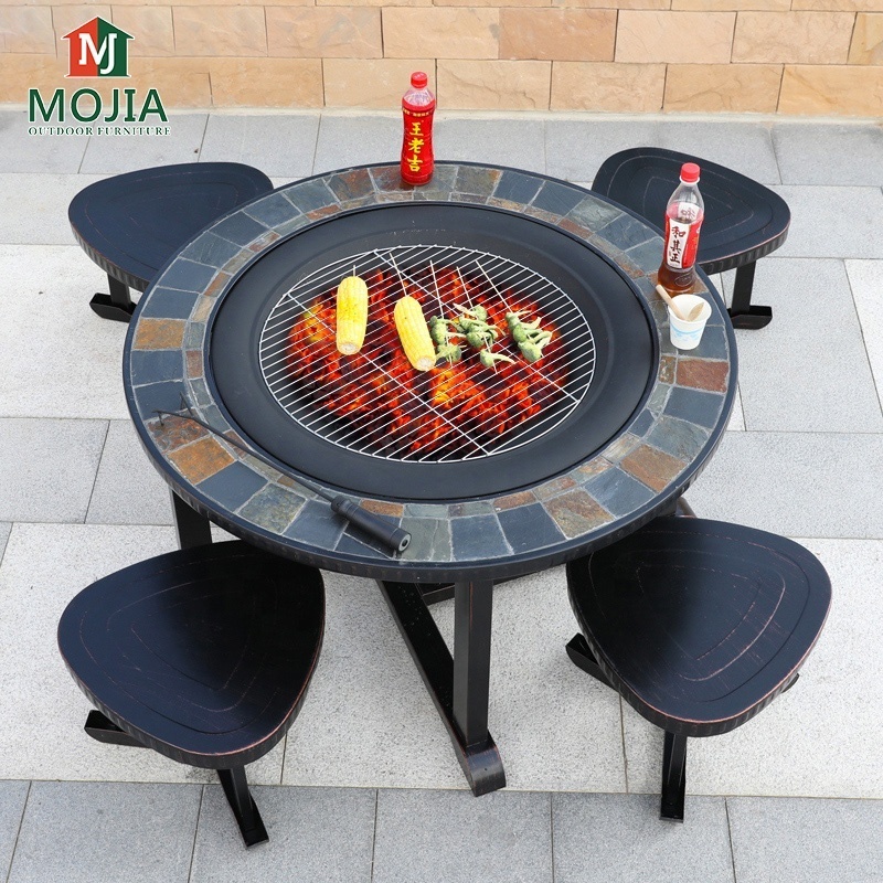 Garden die cast iron bbq table dia 100cm height 58cm with center fire pits and four chairs