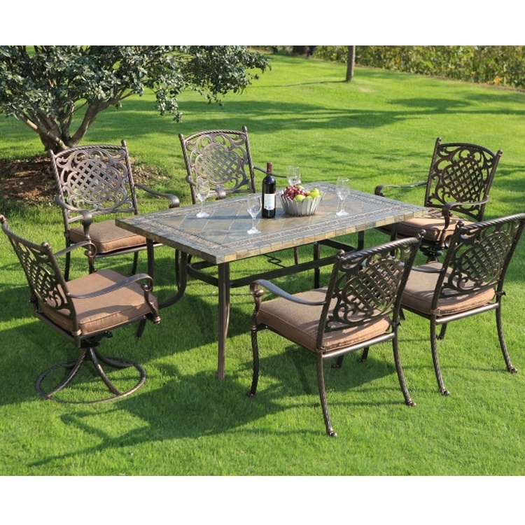 Outdoor durable garden patio cast aluminum furniture 5 piece aluminum swivel rocker chair dining set with marble table