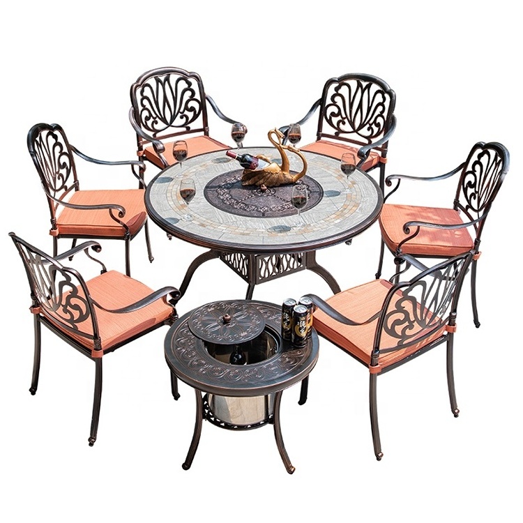 Patio Rustic Outdoor Furniture BBQ Wooden Burning Fire Pit Table With 6 Cast Aluminum Garden Chair