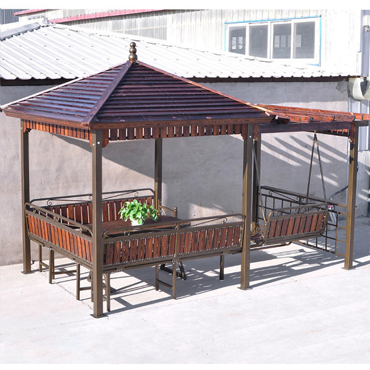 Foshan outdoor aluminum frame anti corrosive carbonized wood canopy top patio gazebo with swing