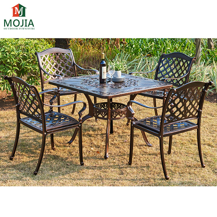 Cast aluminum metal square table outdoor seating aluminum outdoor garden set 5pc for beach garden patio furniture