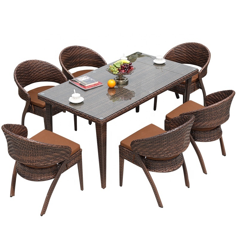 6 Seater Garden Poly Rattan Chairs Outdoor Furniture Rectangle Glass Top Dining Table Set