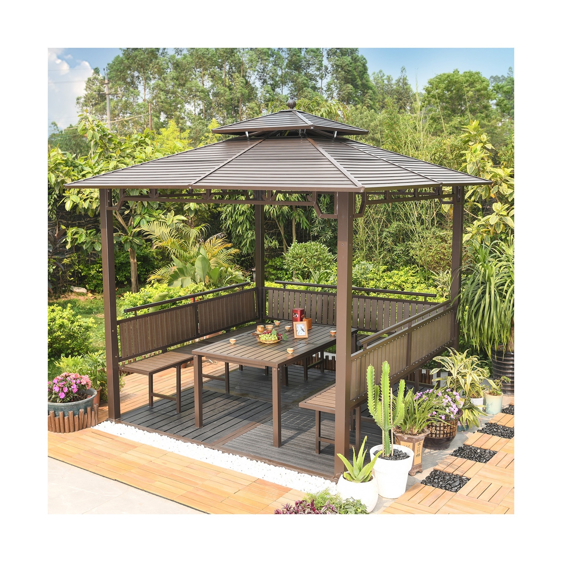 Double Top And Screen House Modern Outdoor Furniture Pavilion Backyard Decor Enjoy Your Party for All Weather Use Gazebos