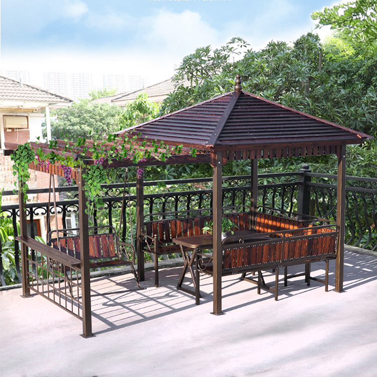 Foshan outdoor aluminum frame anti corrosive carbonized wood canopy top patio gazebo with swing