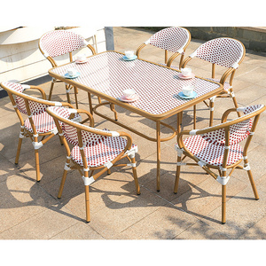 2020 hot sale 7pc Restaurant dining metal frame rattan woven white garden french bistro table and chairs