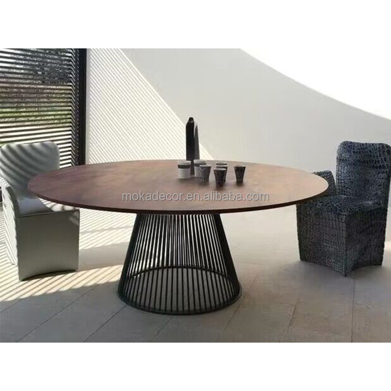 Wholesales restaurant furniture steel dining table for 6 seaters nest base round top MDF wood cafeteria table