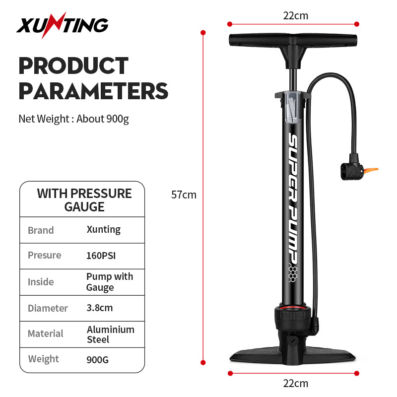 Xunting OEM 160Psi Bomba De Aire Para Bicicleta Manual Cycling Floor Air Bike Pump Hand Tire Bicycle Pump With Pressure Gauge