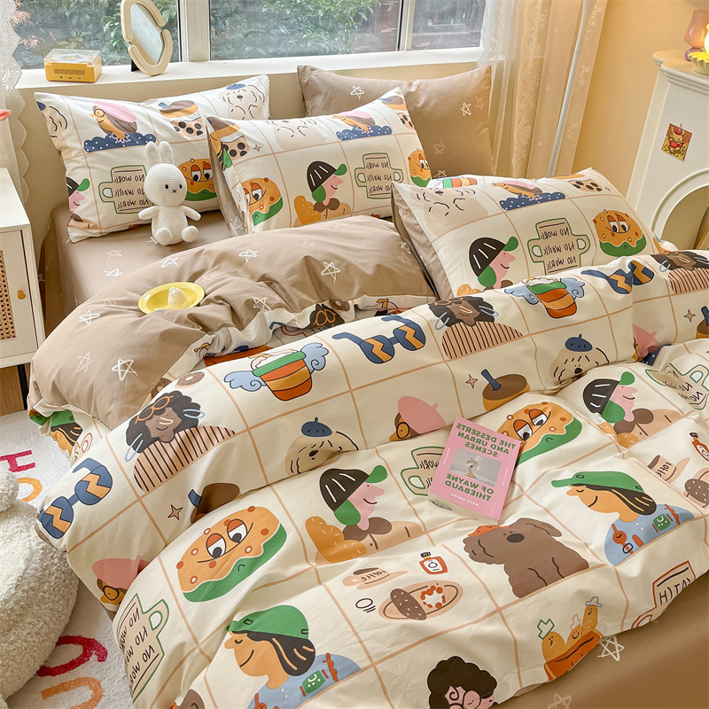 Wholesale 300TC cotton printed cartoon yellow bed sheet 100% cotton duvet cover home textile kids bedding set