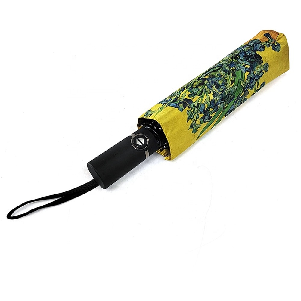 Vase With Irises Against a Yellow Background Windproof Compact Travel Automatic Folding Portable Umbrella