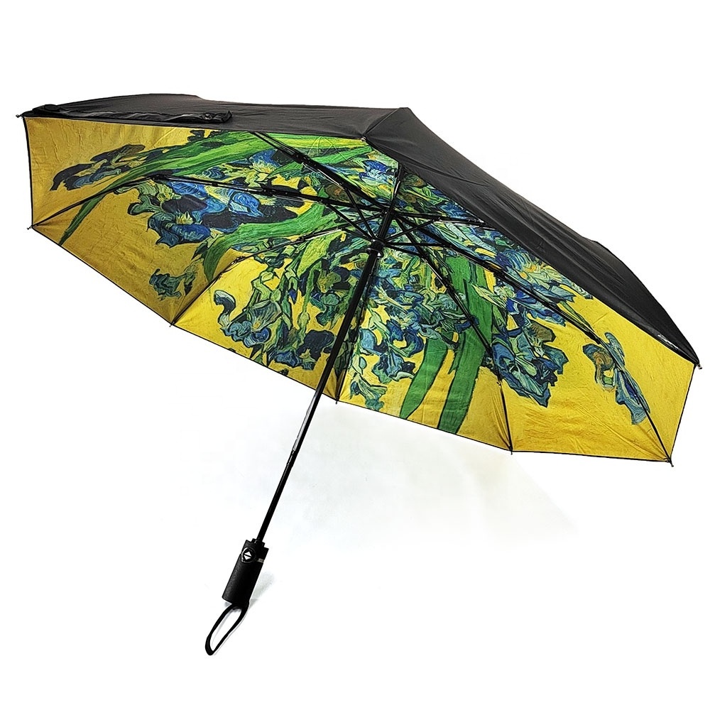 Vase With Irises Against a Yellow Background Windproof Compact Travel Automatic Folding Portable Umbrella