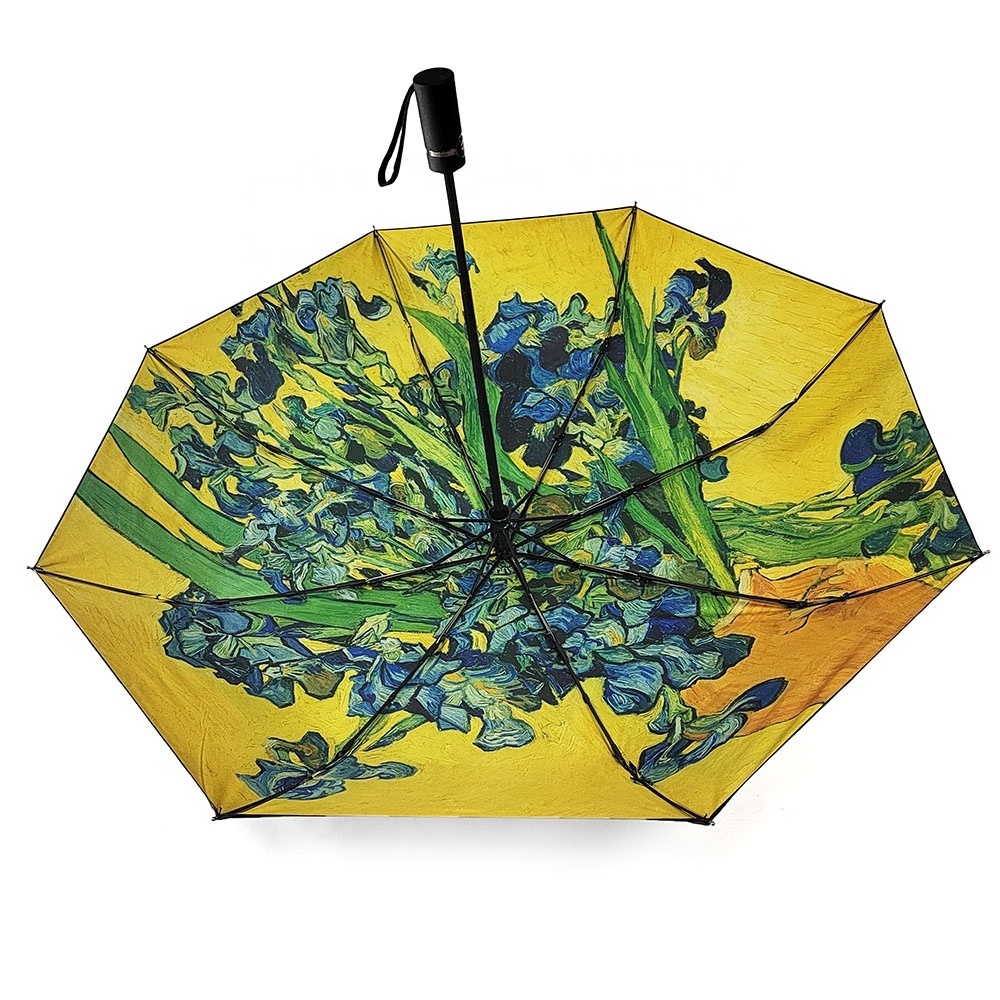 Vase With Irises Against a Yellow Background Windproof Compact Travel Automatic Folding Portable Umbrella