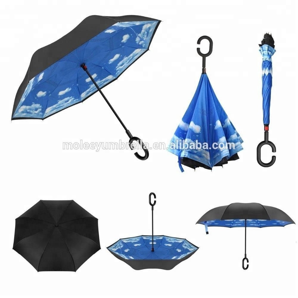 Logo Customize Reverse Folding Magicbrella C Handle Hands Free Inside Out Upside-Down Inverted Umbrella For Wholesale