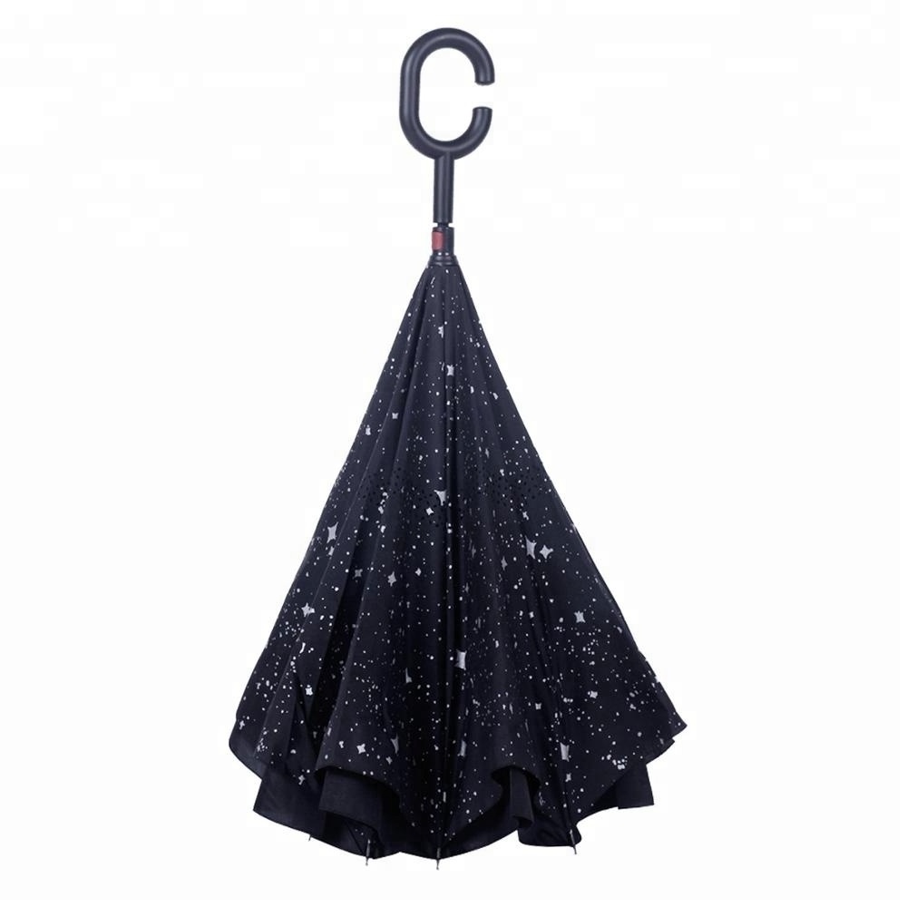 Logo Customize Reverse Folding Magicbrella C Handle Hands Free Inside Out Upside-Down Inverted Umbrella For Wholesale