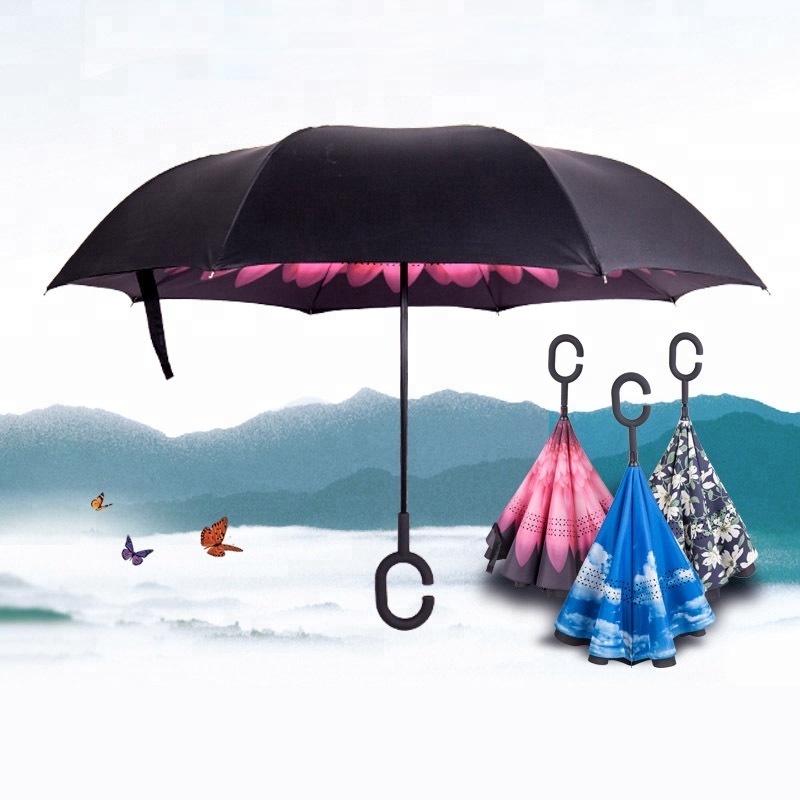 Auto Opening Manual Close C Hook Handsfree Handle Waterproof Inverted Foldable Umbrella