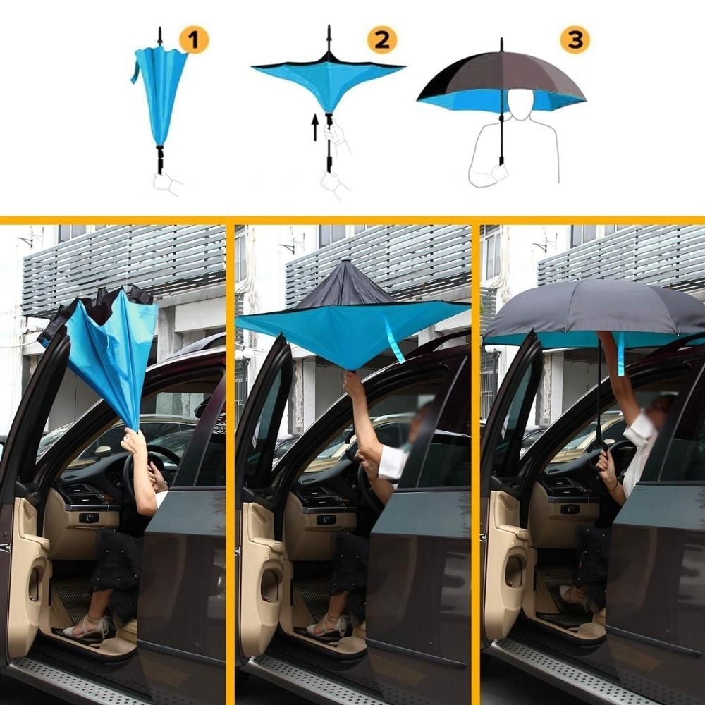 Wholesale Custom C Handle Automatic Car Outdoor Double Layer Folding Reverse Inverted Umbrella