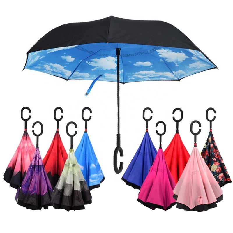 Wholesale Custom C Handle Automatic Car Outdoor Double Layer Folding Reverse Inverted Umbrella