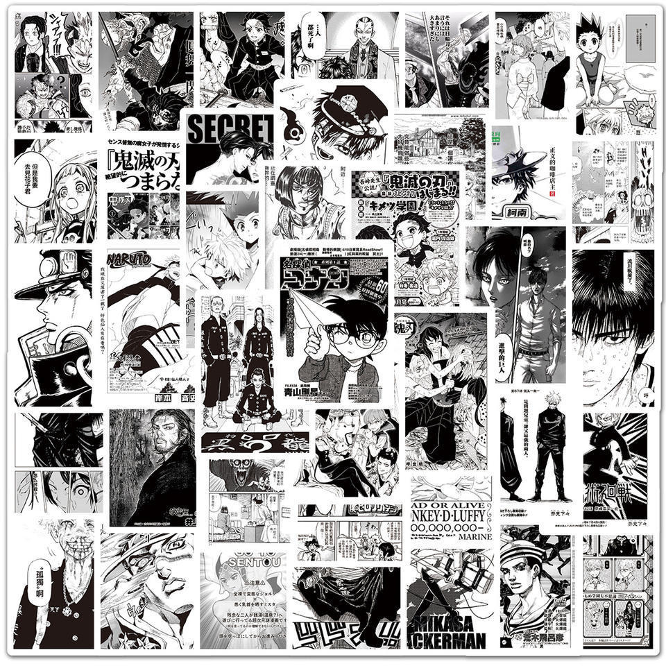 50Pcs Black and White Japanese Mixed Anime Stickers For Wall Phone Decor Waterproof Anime Sticker