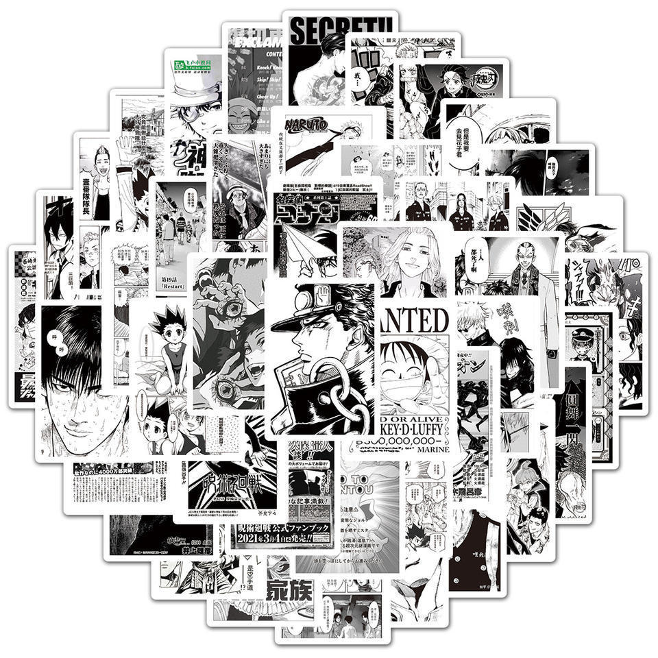 50Pcs Black and White Japanese Mixed Anime Stickers For Wall Phone Decor Waterproof Anime Sticker