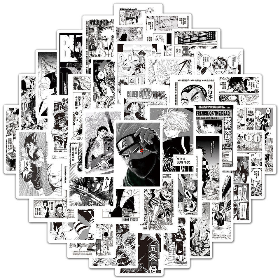 50Pcs Black and White Japanese Mixed Anime Stickers For Wall Phone Decor Waterproof Anime Sticker