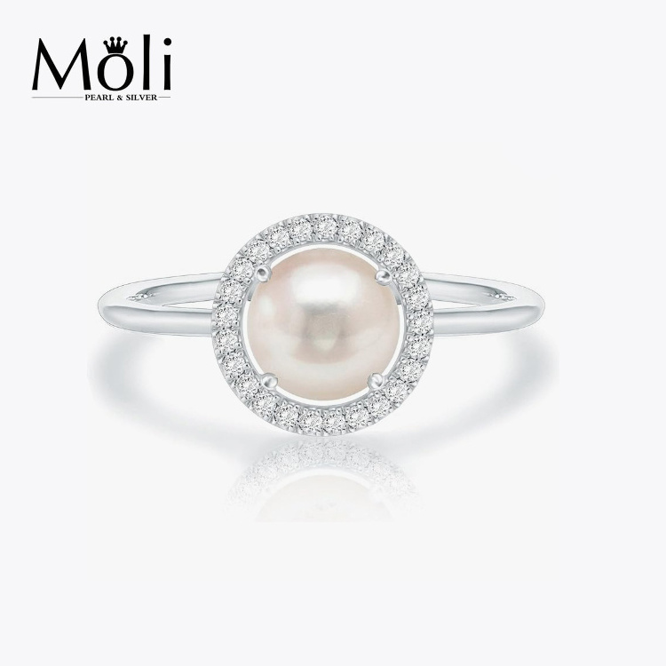 Micro Zircon 925 Sterling SIlver Freshwater Cultured Real Button Pearl Ring for Women