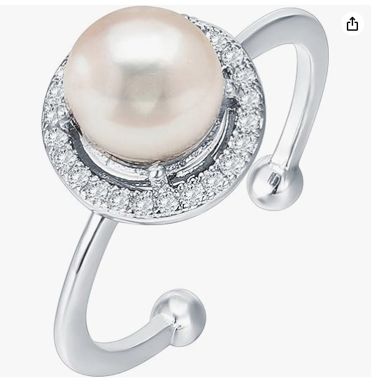 Micro Zircon 925 Sterling SIlver Freshwater Cultured Real Button Pearl Ring for Women