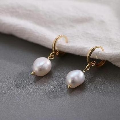 Gold Huggie 14K Gold Filled Hoop Earrings 8-9mm White Natural Baroque Pearl Drop Earrings