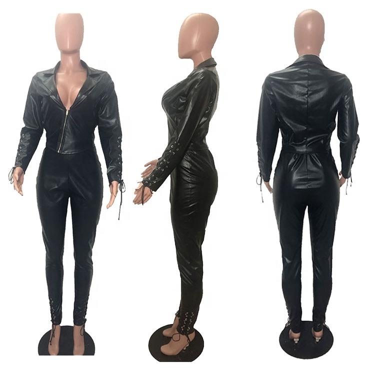 Z08971 Hot Sale Sexy Adult Faux Leather Jumpsuit Ladies Solid Long Bodycon Romper Woman Sexy Leather Bodycuits Jumpsuits