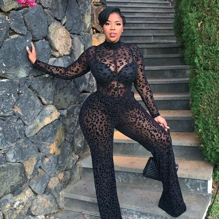 Z12156 Fall Leopard Bodysuit Wide Legs Long Sleeve Zipper Jumpsuits Plus Size Club Sexy See Through Mesh One Piece Jumpsuit