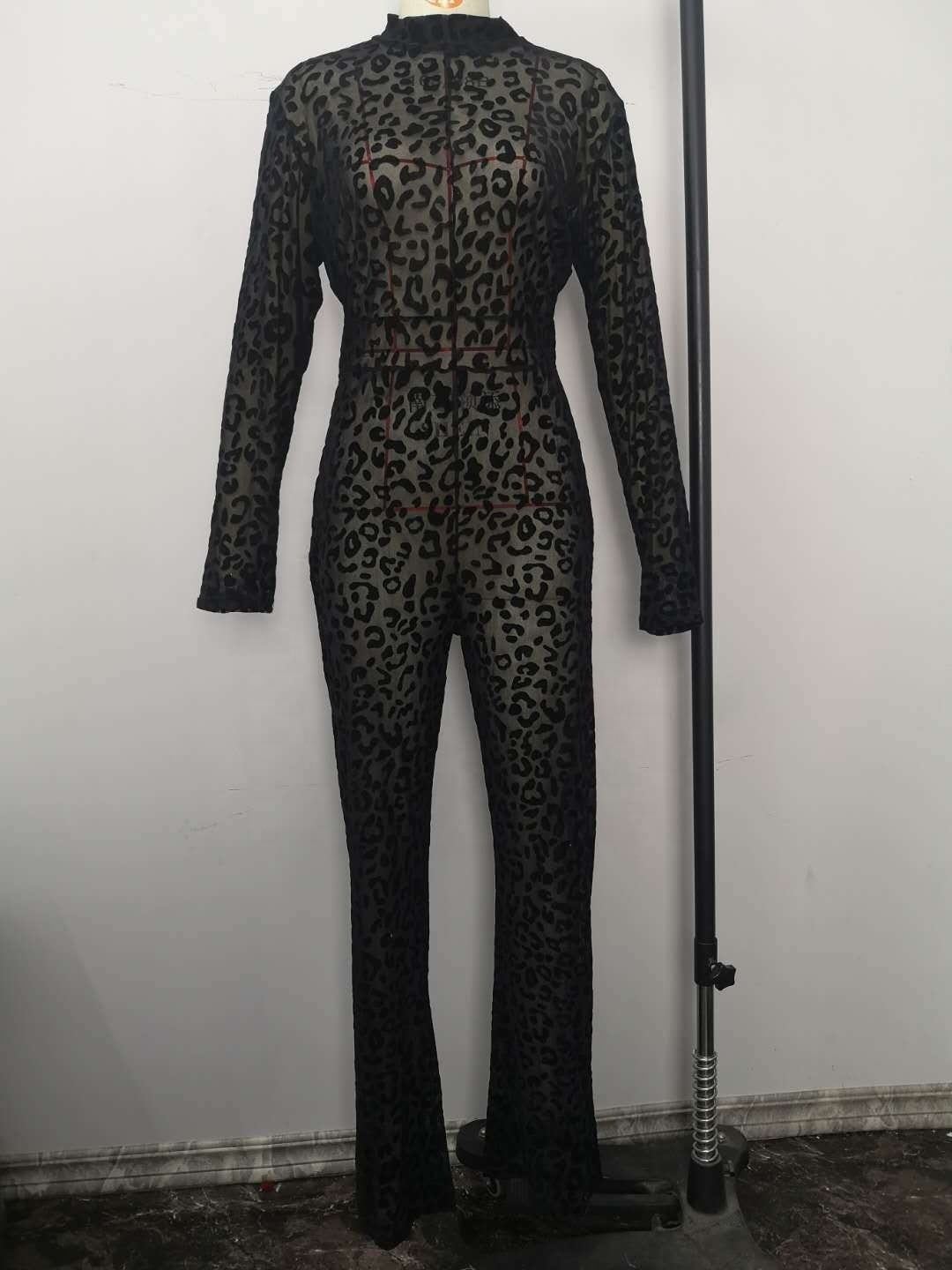 Z12156 Fall Leopard Bodysuit Wide Legs Long Sleeve Zipper Jumpsuits Plus Size Club Sexy See Through Mesh One Piece Jumpsuit