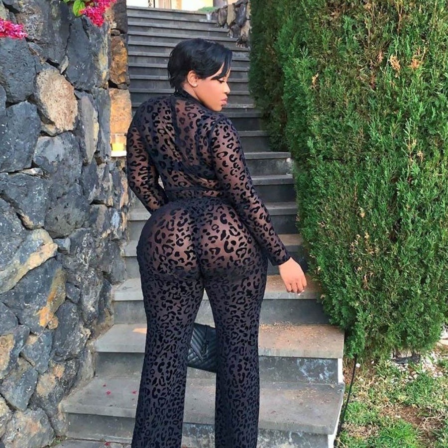 Z12156 Fall Leopard Bodysuit Wide Legs Long Sleeve Zipper Jumpsuits Plus Size Club Sexy See Through Mesh One Piece Jumpsuit