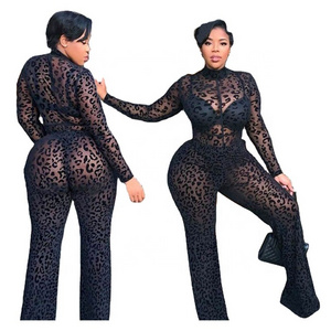 Z12156 Fall Leopard Bodysuit Wide Legs Long Sleeve Zipper Jumpsuits Plus Size Club Sexy See Through Mesh One Piece Jumpsuit