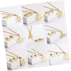 18k gold plated stainless steel gold flower rose love geometry earring necklace jewelry set for women gift