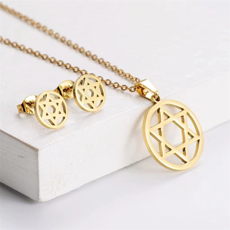 18k gold plated stainless steel gold flower rose love geometry earring necklace jewelry set for women gift