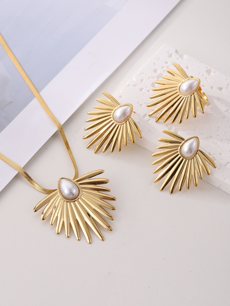 18k Gold Plated Stainless Steel Jewelry Geometric Vintage Pearl Pendant Necklace Earrings Jewelry Sets