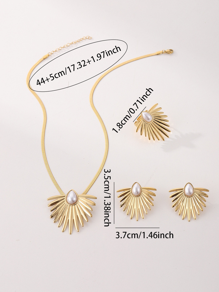 18k Gold Plated Stainless Steel Jewelry Geometric Vintage Pearl Pendant Necklace Earrings Jewelry Sets