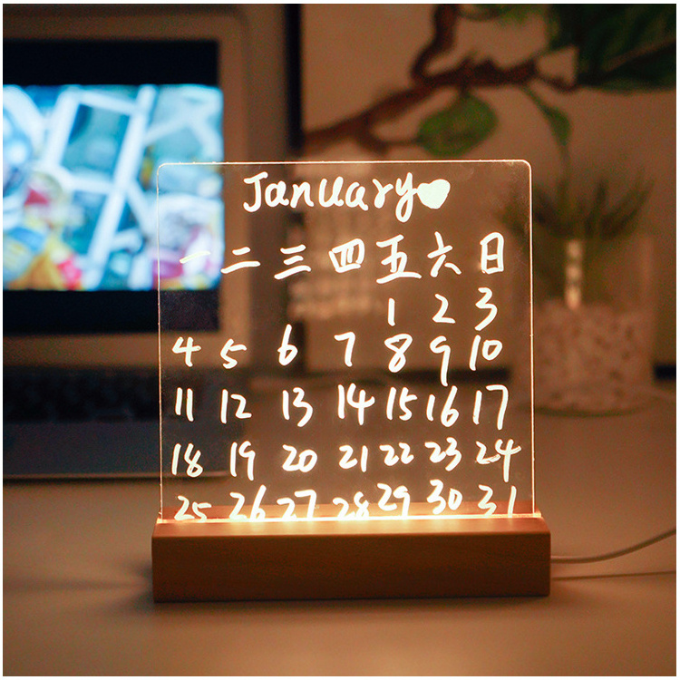 High Quality erasable white base luminous mini acrylic led message board led square wooden base for acrylic light panel