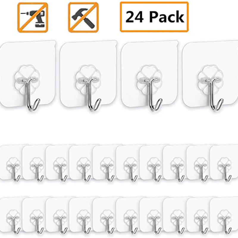 12/24 Pack Wall Hooks Transparent Self Adhesive Hooks Waterproof Seamless Strong Nail Free Sticky Hangers With Stainless Kitchen