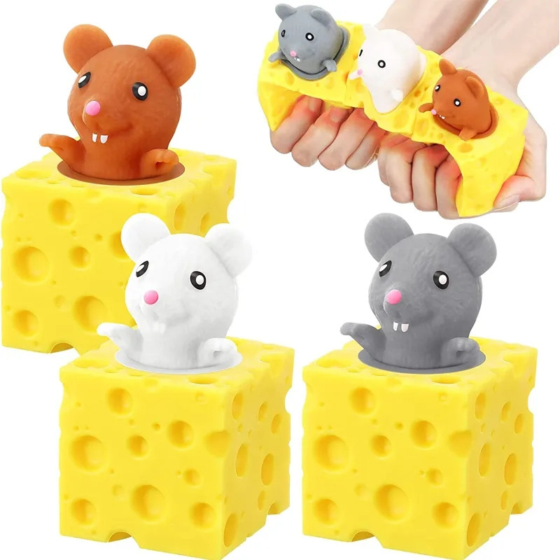 Funny Cheese Mouse Cup Squeeze Toy Cartoon Mice Sensory Fidget Toys Stress Relief Squishy Toy for Kids Adults Gifts Party Favors