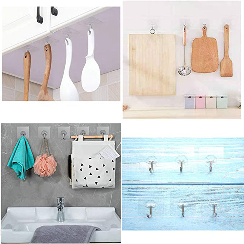 12/24 Pack Wall Hooks Transparent Self Adhesive Hooks Waterproof Seamless Strong Nail Free Sticky Hangers With Stainless Kitchen