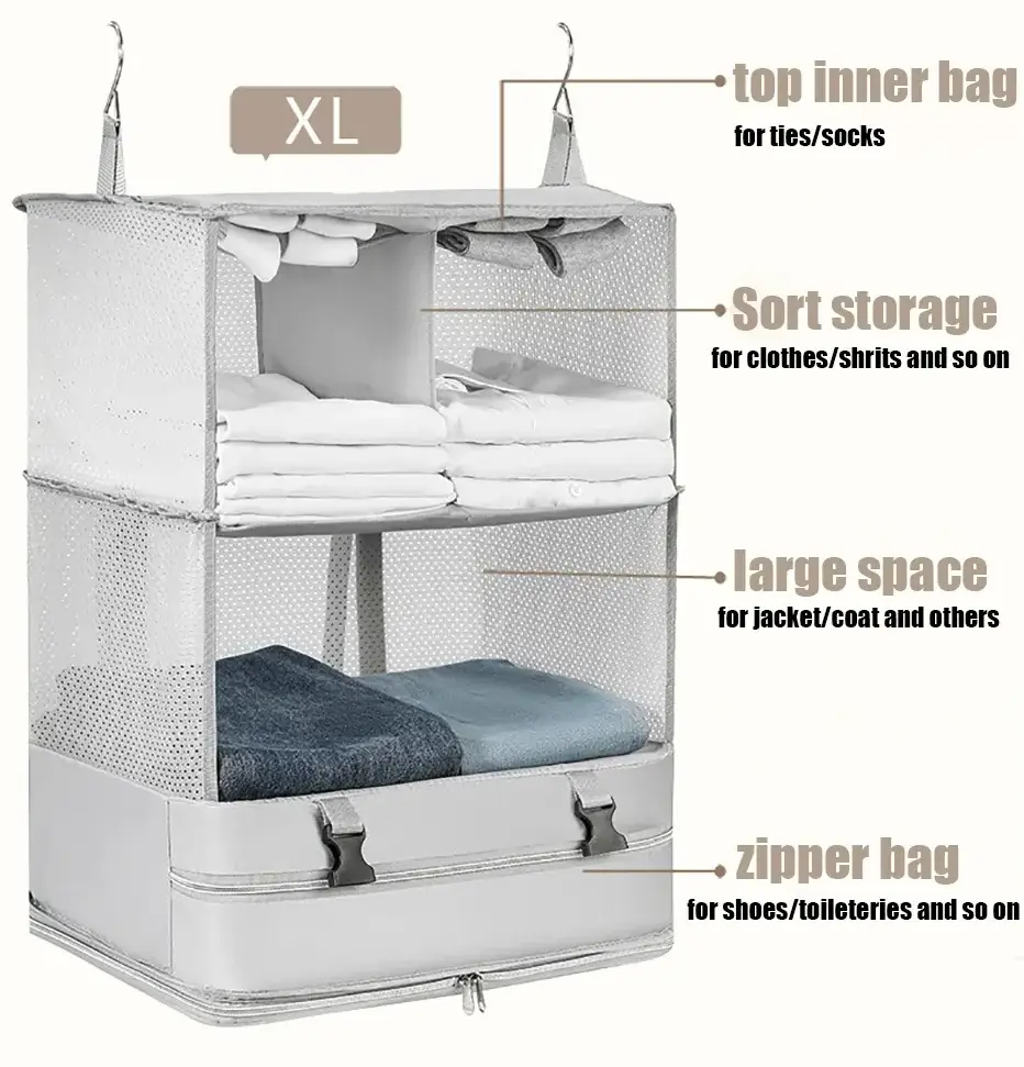 Travel Luggage Organizer Portable Travel Shelves Bag 3-Shelf Suitcase Packing Cube Collapsible Hanging Closet Storage Bag Space