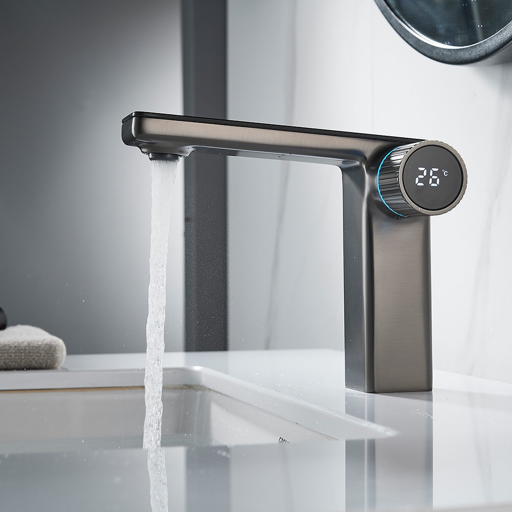 Momali new hot and cold hydro-electric power temperature display led light gun metal bathroom washbasin basin faucet